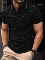 Men's slim fit black short sleeve polo shirt with white geometric patterns and ribbed collar - S / Black and White Geometric Print (G32P453)