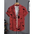 Dettaglio di camicia rossa a maniche corte da uomo con motivi neri e etichetta taglia M - S / Tops / Stampa Geometrica Astratta Rossa (HD-DS909-Rosso)
