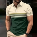 Detail of slim fit men's polo shirt with beige and dark green color block stitching - Green
