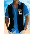 Dettaglio di camicia a maniche corte blu e nera con stampa Retired sulla spiaggia - S / Tops / Stampa vacanza patchwork blu e nero (HD-DS910)