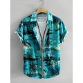 Dettaglio della camicia con stampa tropicale, palme e un elegante accessorio bolo tie - S / Tops / Stampa Spiaggia Tropicale Blu Lago (HD-DS913)