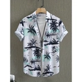 Dettaglio di camicia estiva a maniche corte con stampa tropicale di palme e tramonto - S / Tops / Bianco con Stampa Palme e Tramonto Costiero (HD-DS914)
