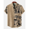 Dettaglio camicia kaki a maniche corte con stampa tribale e trama effetto lino - S / Tops / Stampa Totem Tribale Cachi (HD-DS915)