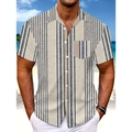 Dettaglio camicia uomo a maniche corte a righe blu con taschino sulla spiaggia - S / Tops / Stampa a Righe Beige e Blu Notte (HD-DS916)