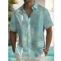 Dettaglio della stampa a foglie tropicali su camicia blu a maniche corte con taschino sul petto - S / Tops / Blu Chiaro con Stampa Foglie Tropicali Linea Oro (HD-DS917)