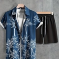 Set uomo con camicia blu navy stampa palme bianche e pantaloncini neri con coulisse - S / Stampa Blu Scuro (DS+DK-33)