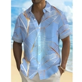 Dettaglio di una camicia a maniche corte azzurra con stampe di foglie di palma e taschino - S / Tops / Fantasia Foglie di Palma Blu Chiaro (HD-DS918)