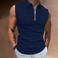 Detailed view of dark blue ribbed knit fabric and silver zipper on men's sleeveless polo shirt - S / Navy Blue