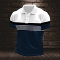 Slim fit men's polo shirt with navy, white, and black color-block stripe design - S / Tops / Navy Blue
