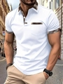 Detail eines weißen Herren-Poloshirts mit braunem Karomuster an Tasche und Revers - S / Weiß