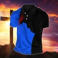 Detail of slim fit men's polo shirt with contrast splicing and religious graphic art print - S / Tops / Blue (HD-PL86)