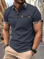 Close-up of navy blue Polo shirt featuring brown plaid拼接 collar and pocket detail - S / Dark Gray