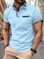 Close-up of men's polo shirt featuring blue fabric and classic brown plaid collar details - S / Sky Blue