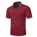 Gros plan d'un polo bordeaux avec col noir côtelé et doubles rayures blanches - S / Rouge