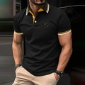 Detailed close-up of a men's slim fit polo shirt with contrast striped collar and logo - S / Black (NY Shield Style)