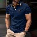 Detailed close-up of slim fit polo shirt collar with yellow stripes and shield emblem - S / Navy Blue (Shield Style)