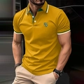 Close-up of mustard yellow men's polo shirt featuring striped collar and shield emblem - S / Yellow (NY Shield Style)