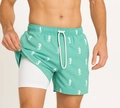 Short de bain double couche vert menthe pour homme avec imprimé hippocampe et doublure - XS / Imprimé Hippocampe Menthe
