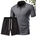 Completo polo grigio scuro e pantaloncini neri da uomo, set sportivo estivo casual - S / Grigio Scuro + Nero