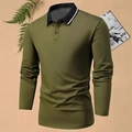 Polo da uomo a maniche lunghe verde oliva con colletto a righe e vestibilità slim - S / Verde Militare