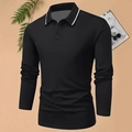Close-up of black long-sleeve polo shirt featuring a striped ribbed collar and buttons - S / Black