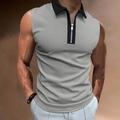 Polo da uomo senza maniche grigio chiaro in tessuto a nido d'ape con colletto nero e zip - S / Grigio