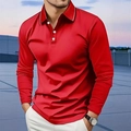 Close-up of red long-sleeved polo shirt featuring white pinstripe collar and button detail - S / Red (CXPL81)