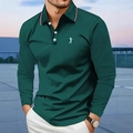 Detail view of dark green men's long sleeve polo shirt with golf embroidery and striped collar - S / Dark Green Golf Style (CXPL81)