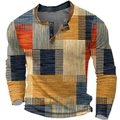 Langarm-Henley-Shirt für Herren mit Vintage-Multicolor-Geometrie-Blockmustern - 3XL / Oberteile / Orange Blau Gelb Gitter (HJ-1225-04)