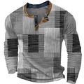 Herren Langarm Henley-Shirt mit schwarz-grauem Karomuster und Knopfleiste-Details - 3XL / Oberteile / Schwarz Weiß Grau Patchwork (HJ-1225-01)