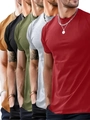 Close-up of five men's slim-fit crew neck t-shirts in multiple colors stacked together - S / Khaki Black Army Green Light Gray Red