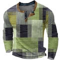 Langarm-Henley-Shirt für Herren mit grün-grauem geometrischem Farbblock-Design - 3XL / Oberteile / Vintage Grün Grau Beige Schwarz (HJ-1225-02)