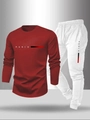 Detailed 3D view of burgundy long sleeve T-shirt and white joggers with Paris print - S / Red + White