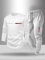 Detail of white long-sleeve T-shirt and grey joggers with Paris logo print - S / Red + Light Gray