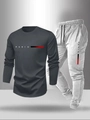 Detail view of the Paris letter print and gradient stripes on men's casual tracksuit set - S / Dark Grey and Light Grey