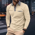 Men's slim long-sleeve polo shirt in beige with black and white houndstooth trim detail - S / Khaki (Houndstooth Splicing)