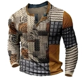Herren Henley-Shirt mit Patchwork-Muster aus Tiger-, Zebra- und Karoprint auf Langarm - 3XL / Oberteile / Multimuster Vintage Patchwork (HJ-1225-037)