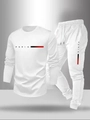 Detailed view of white men's long-sleeve tracksuit with PARIS letter print on fabric - S / White + White