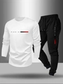Detail of the crewneck sweatshirt and joggers set featuring a Paris letter print design - S / White + Black