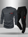 Detail of men's long sleeve T-shirt and joggers set with Paris letter print design - S / Dark Grey + Black