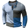 Herren Langarm Henley Shirt mit Patchwork-Design in Blau, Grau und Karomuster - 3XL / Oberteile / Multitextur Visuelles Patchwork (HJ-1225-013)