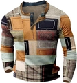 Langarm-Henley-Shirt für Herren mit Vintage-Geometriemuster und Knopfleiste am Kragen - 3XL / Oberteile / Unregelmäßiges Geometrisches Patchwork (HJ-1225-018)