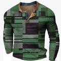 Langärmeliges Henley-Shirt für Herren mit grünem geometrischem Print und Knopfleiste - 3XL / Oberteile / Grünton Geometrisches Patchwork (HJ-1225-019)