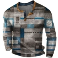 Herren Henley Langarmshirt mit grau-blauem abstraktem Geometriemuster und Knopfleiste - 3XL / Oberteile / Grau Blau Braun Weiß Farbblock (HJ-1225-020)