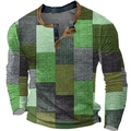 Henley-Shirt für Herren mit grünem geometrischem Patchwork-Muster und Langarm - 3XL / Oberteile / Grün Grau Geometrisch (HJ-1225-05)