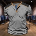 Close-up of men's casual Henley shirt with buttoned collar and contrast knit texture - 3XL / Gray