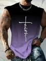 Detailed close-up of a men's 3D digital print tank top with purple gradient and faith cross - 110 / Tops / Black-Purple Gradient (Faith Cross)