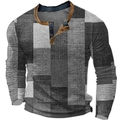 Herren Langarm Henley Shirt mit schwarz-weißem geometrischem 3D-Muster und Knöpfen - 3XL / Oberteile / Schwarz Weiß Grau Geometrisch (HJ-1225-06)