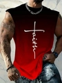 Close-up of men's tank top with red-black gradient and white faith cross graphic print - 110 / Tops / Red