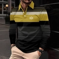 Men's long sleeve polo shirt with bold yellow, grey, and black horizontal stripes - 4XL / Tops / Yellow (OK241)